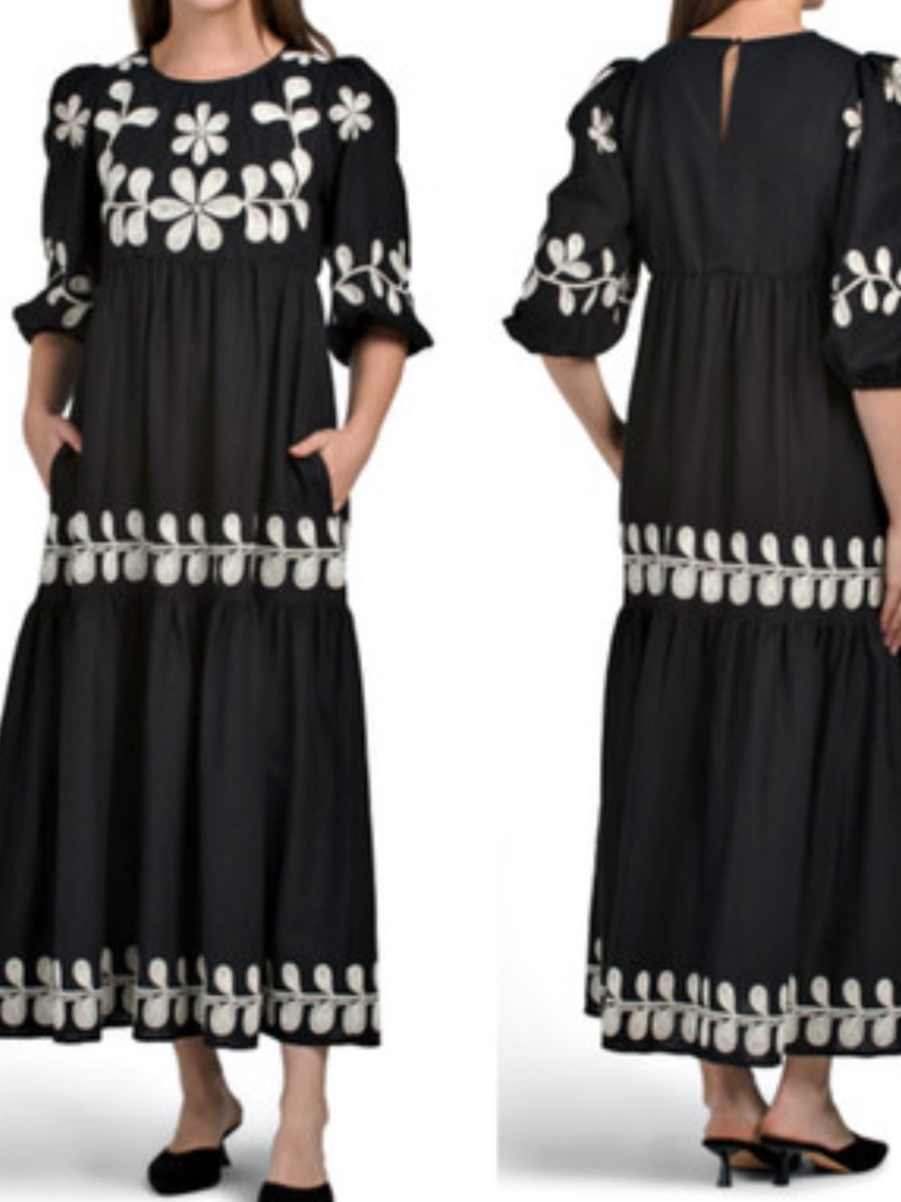 Caroline Constas Black Embroidered Puff Sleeve Maxi Dress Size 8 - Picture 1 of 3